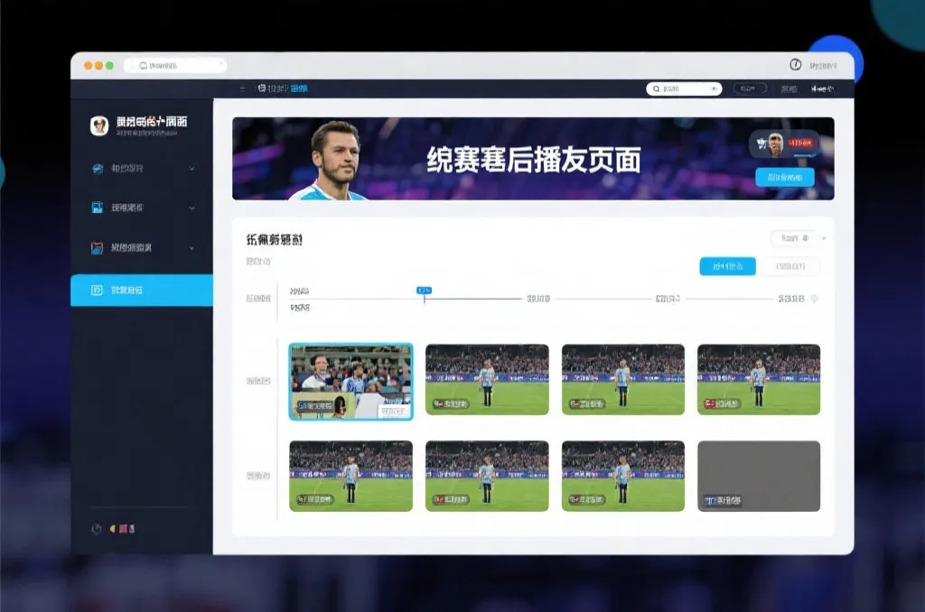 比赛结束后，电视屏幕展示集锦回放页面，旁边有时间轴和多角度切换提示